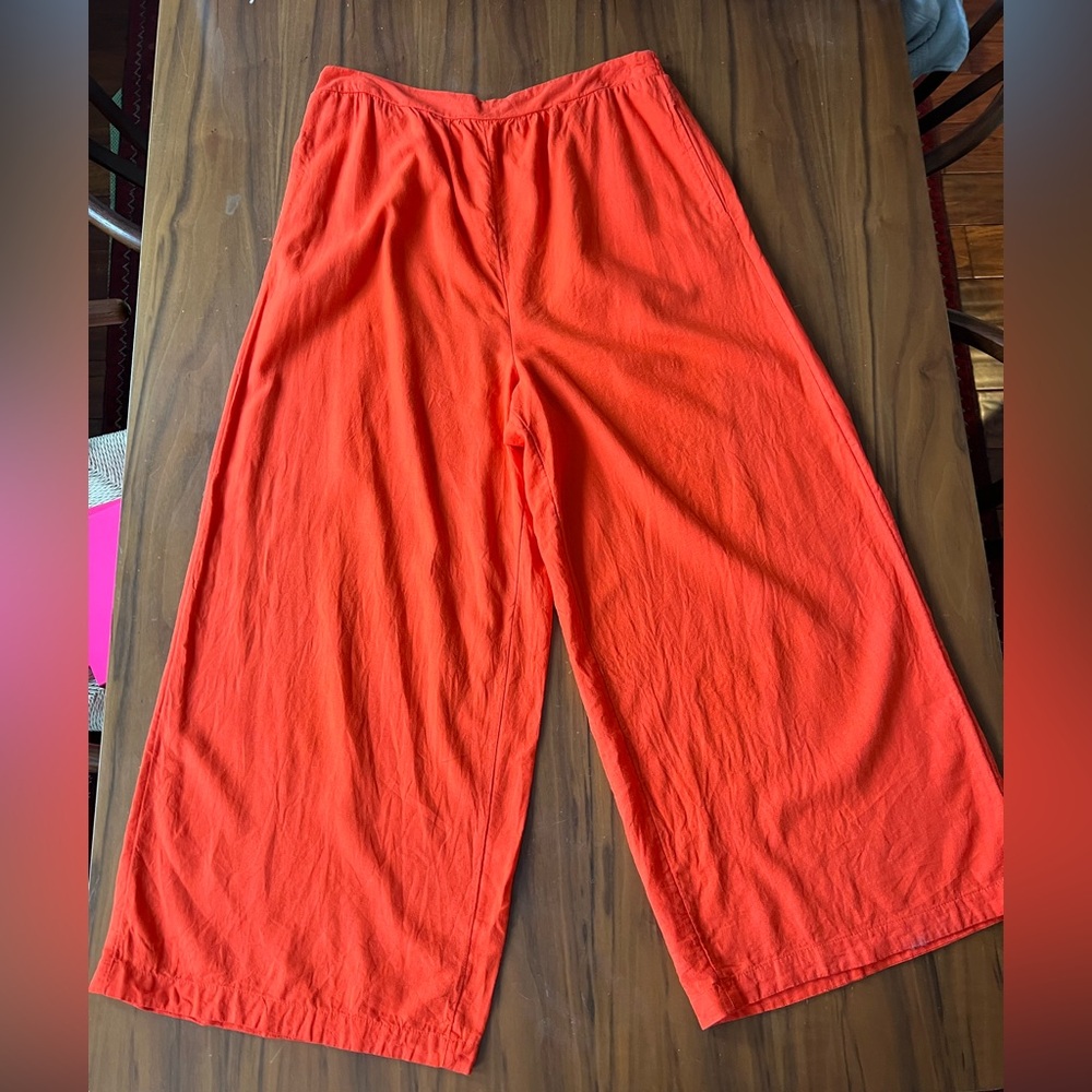 Vibrant Orangey Red Wide Leg Women's Linen-blend Pants